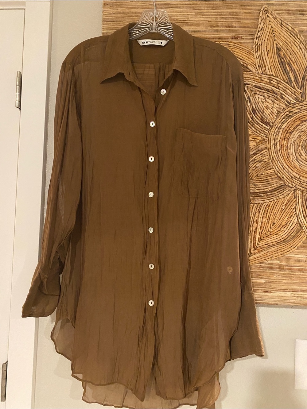Zara Warm Brown Soft Semi-Sheer Oversized Button-Down Shirt Bloggers Fave M
